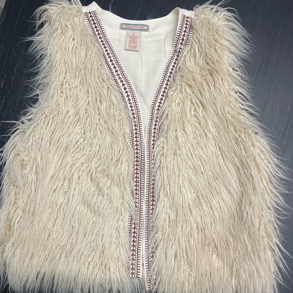 Cream Faux Fur Vest with Embroidery Detail Sz M